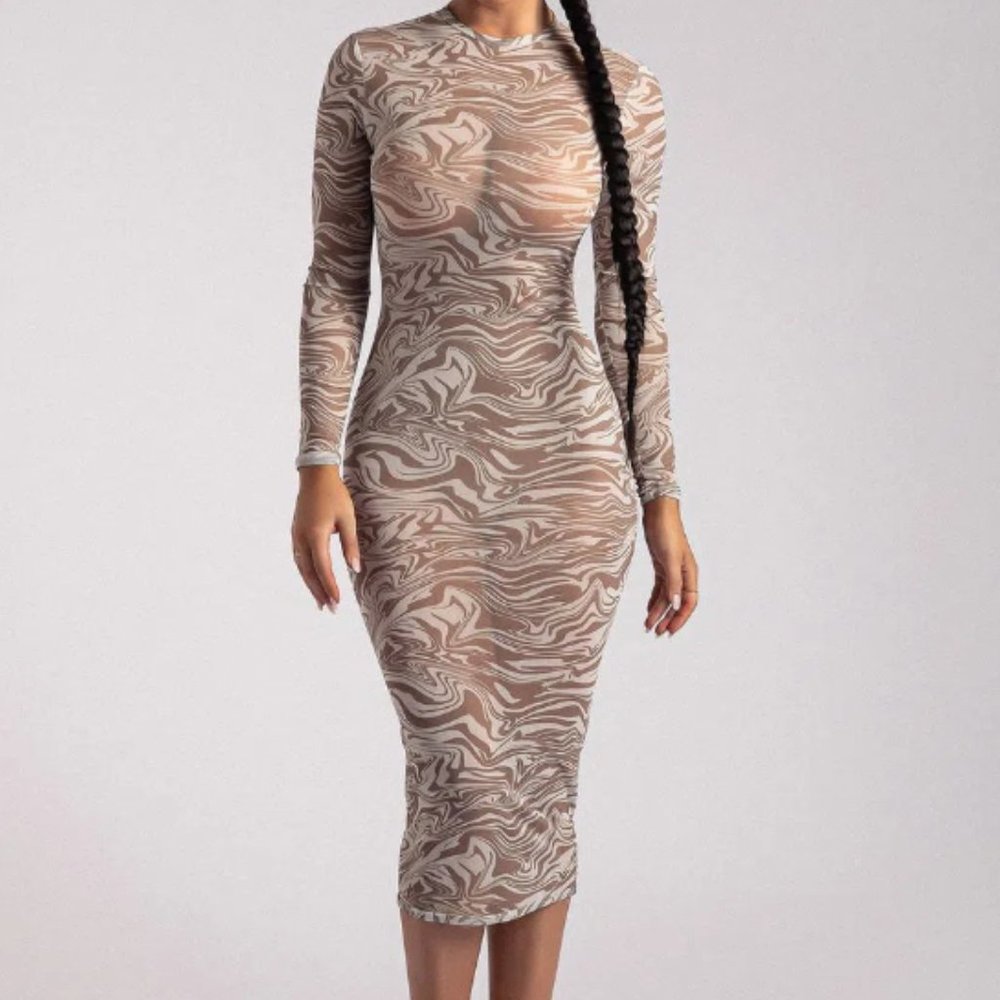 MESHKI BONNIE Mesh Long Sleeve Midi Dress NWT Rare - Picture 3 of 8